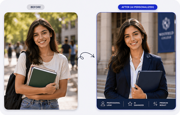 Before and after transformation for female college portrait
